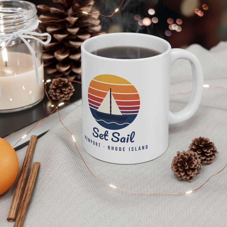 Set Sail Newport RI Mug, Retro Sunset Sailboat Coffee Mug, Nautical Rhode Island Gift, Sailing Mug, New England Souvenir 11oz image 3
