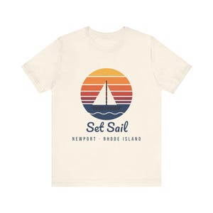Set Sail Newport RI T-Shirt, Retro Sunset Sailboat Tee, Rhode Island Souvenir, Nautical Gift for Sailors, Unisex Soft Cotton Tee image 3
