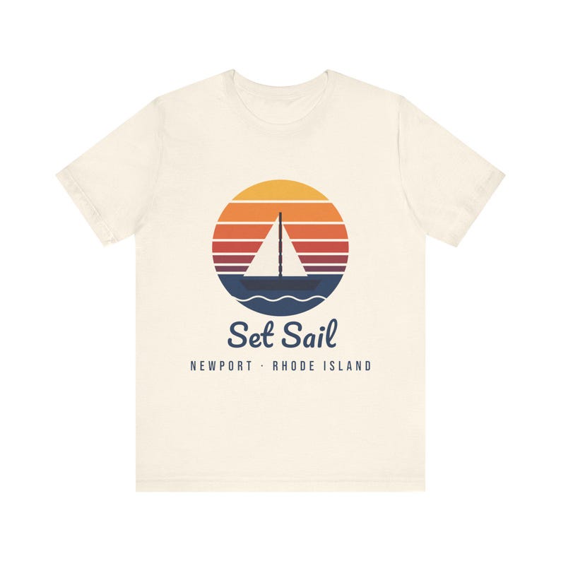 Set Sail Newport RI T-Shirt, Retro Sunset Sailboat Tee, Rhode Island Souvenir, Nautical Gift for Sailors, Unisex Soft Cotton Tee image 3