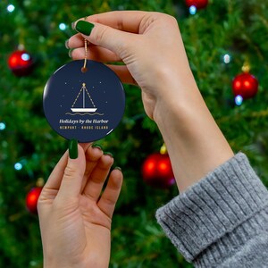 Newport Rhode Island Christmas Ornament, Holidays by the Harbor Sailboat Ornament, RI Ceramic Tree Ornament, Nautical Gift zdjęcie 2