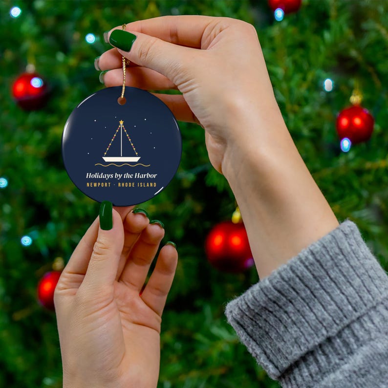 Newport Rhode Island Christmas Ornament, Holidays by the Harbor Sailboat Ornament, RI Ceramic Tree Ornament, Nautical Gift zdjęcie 2