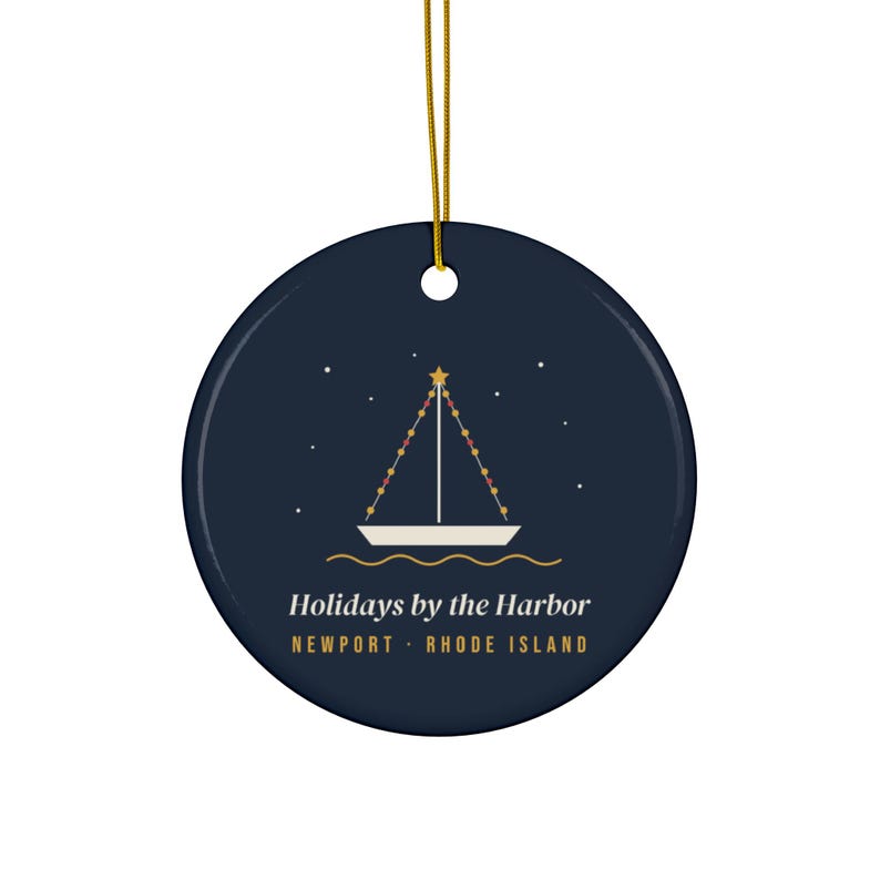 Newport Rhode Island Christmas Ornament, Holidays by the Harbor Sailboat Ornament, RI Ceramic Tree Ornament, Nautical Gift zdjęcie 1