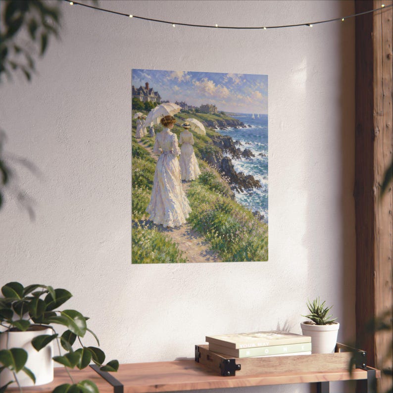 Newport RI Wall Art, Cliff Walk Painting Print, Victorian Ladies with Parasols Poster, Rhode Island Coastal Art, Impressionist Gift image 6