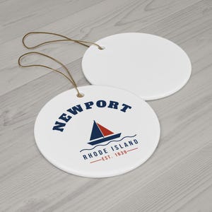 Newport Rhode Island Christmas Ornament, RI Christmas Tree Ornament, Est. 1639 Sailboat, Nautical Ceramic Ornament, Newport Souvenir image 3