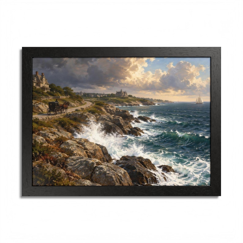 Framed Newport RI Wall Art, Ocean Drive Coastal Painting, Framed Seascape Art Print, Rhode Island Art, Ready to Hang zdjęcie 1