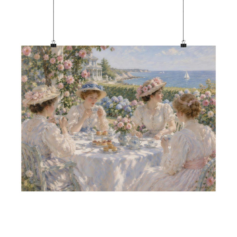 Newport RI Wall Art, Seaside Garden Tea Party Painting Print, Victorian Ladies Rose Garden Poster, Rhode Island Art, Gift for Her image 1