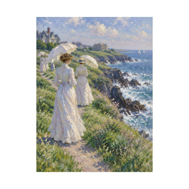 Newport RI Wall Art, Cliff Walk Painting Print, Victorian Ladies with Parasols Poster, Rhode Island Coastal Art, Impressionist Gift image 10