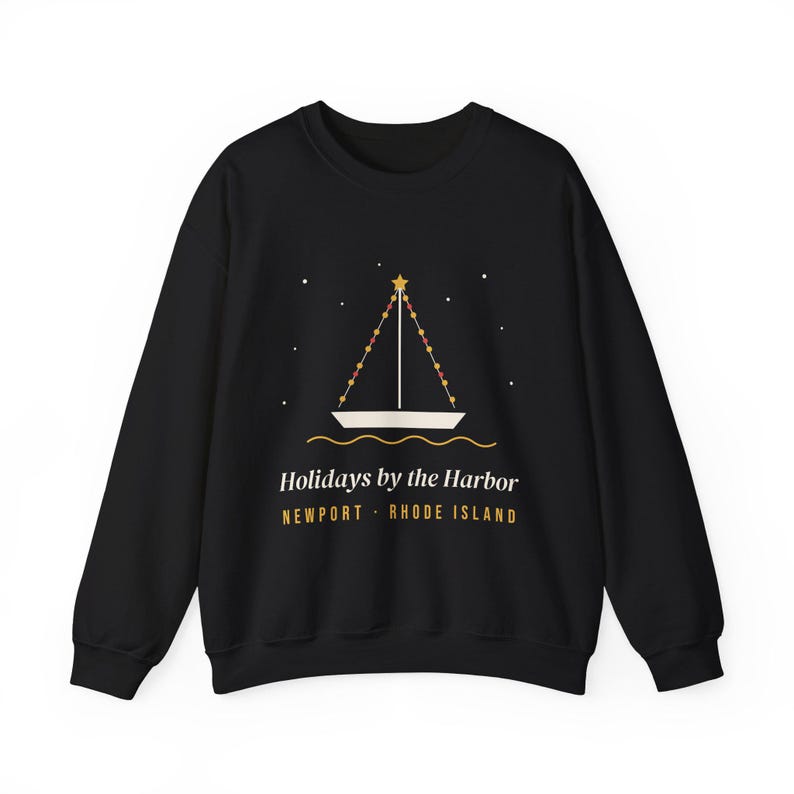 Newport RI Sweatshirt, Holidays by the Harbor Christmas Crewneck, Rhode Island Christmas Sweater, Nautical Sailboat Lights Gift image 1