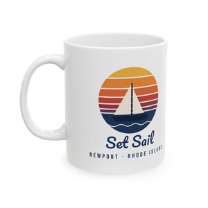 Set Sail Newport RI Mug, Retro Sunset Sailboat Coffee Mug, Nautical Rhode Island Gift, Sailing Mug, New England Souvenir 11oz image 2