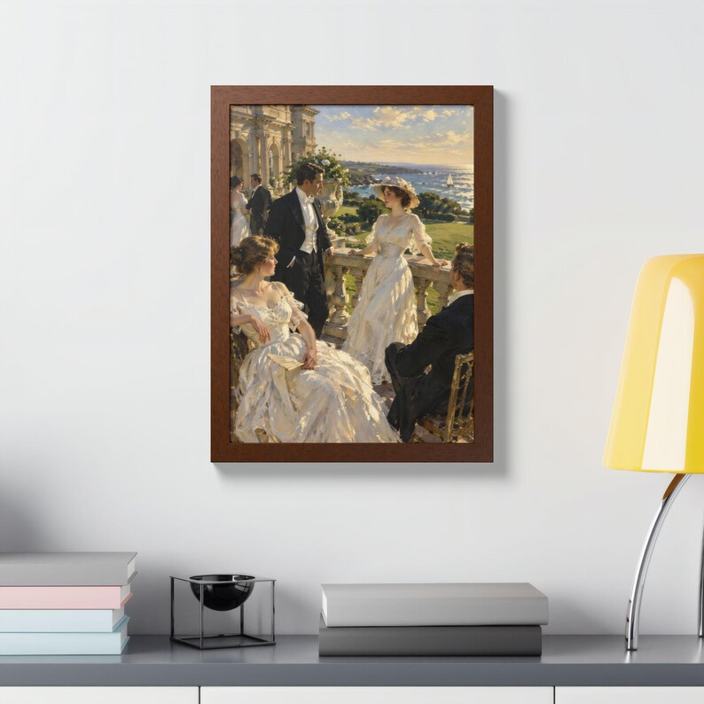 Framed Newport RI Wall Art, Gilded Age Mansion Terrace Painting, Framed Ocean View Art Print, Rhode Island Art, Ready to Hang image 3