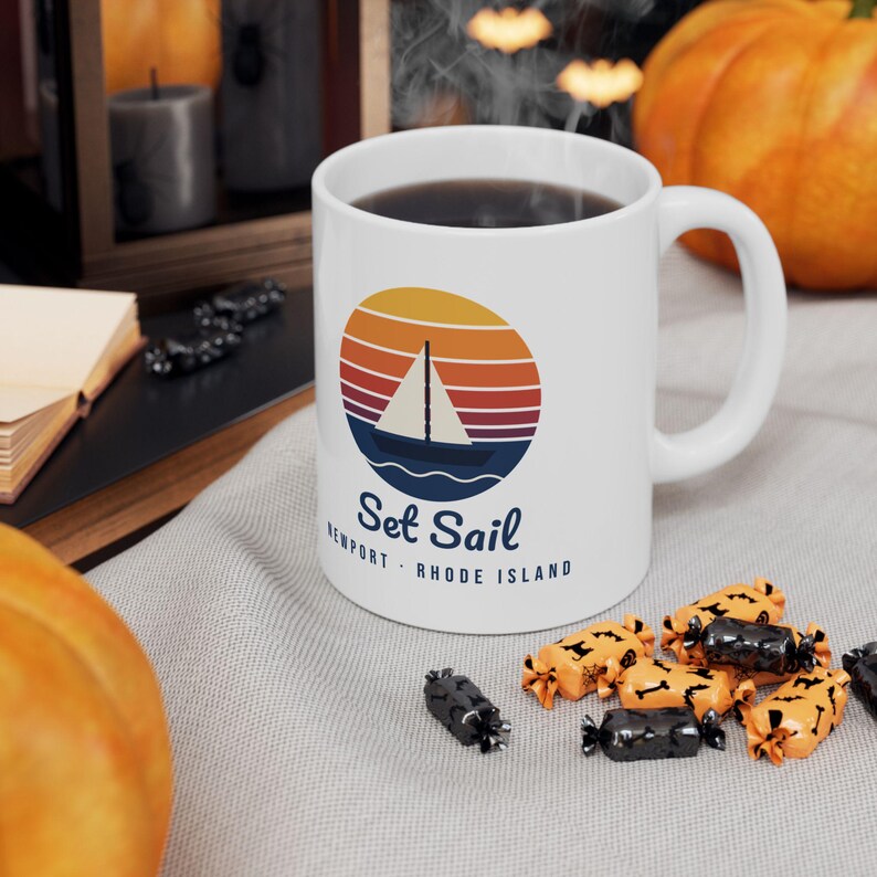 Set Sail Newport RI Mug, Retro Sunset Sailboat Coffee Mug, Nautical Rhode Island Gift, Sailing Mug, New England Souvenir 11oz image 5