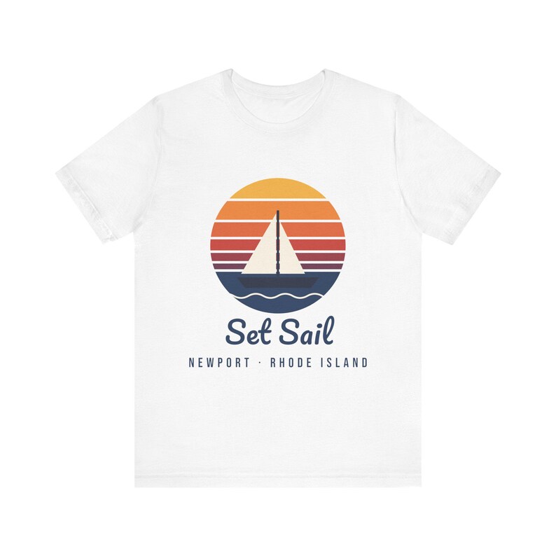 Set Sail Newport RI T-Shirt, Retro Sunset Sailboat Tee, Rhode Island Souvenir, Nautical Gift for Sailors, Unisex Soft Cotton Tee image 1