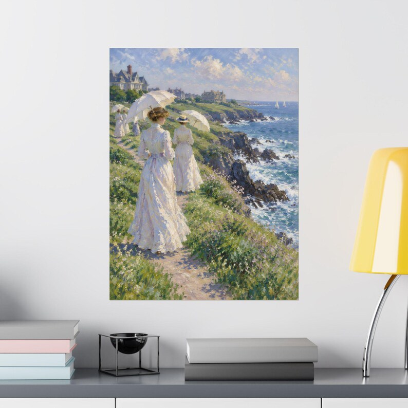 Newport RI Wall Art, Cliff Walk Painting Print, Victorian Ladies with Parasols Poster, Rhode Island Coastal Art, Impressionist Gift image 8