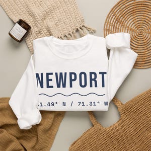 Newport RI Coordinates Sweatshirt, Minimalist Rhode Island Crewneck, 41.49 N 71.31 W, Newport Souvenir Sweater, New England Gift image 5