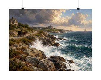 May include: A landscape painting depicting a rocky coastline with crashing waves, a horse-drawn carriage on a coastal road, large houses on a grassy cliff, and a sailboat on the horizon under a dramatic sky with golden sunlight and dark clouds.