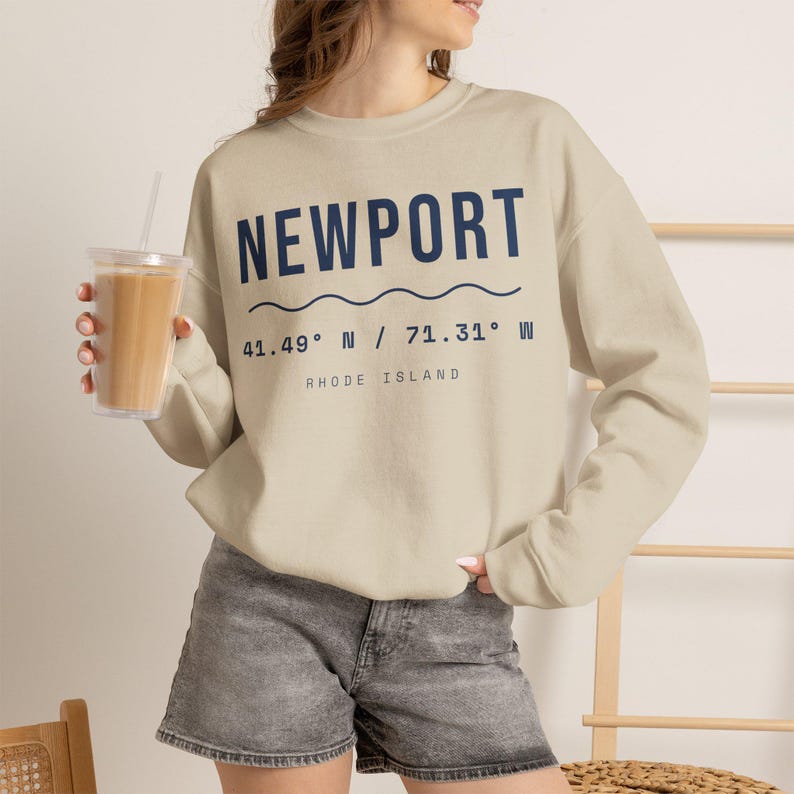 Newport RI Coordinates Sweatshirt, Minimalist Rhode Island Crewneck, 41.49 N 71.31 W, Newport Souvenir Sweater, New England Gift image 4
