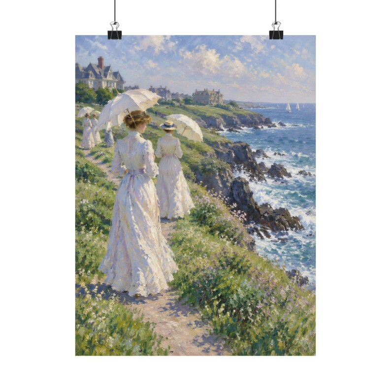 Newport RI Wall Art, Cliff Walk Painting Print, Victorian Ladies with Parasols Poster, Rhode Island Coastal Art, Impressionist Gift image 9