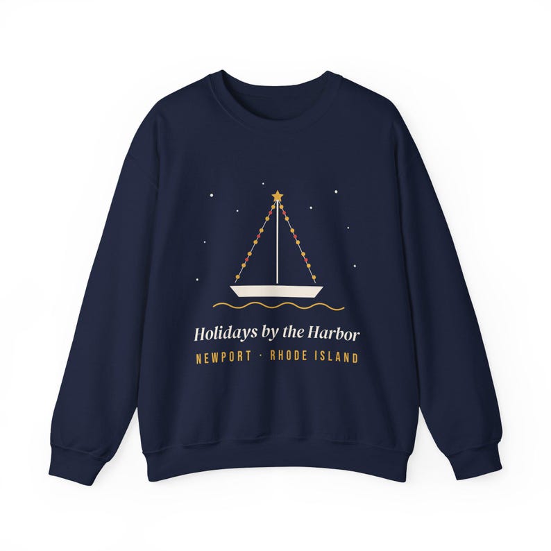 Newport RI Sweatshirt, Holidays by the Harbor Christmas Crewneck, Rhode Island Christmas Sweater, Nautical Sailboat Lights Gift image 4