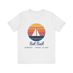 Set Sail Newport RI T-Shirt, Retro Sunset Sailboat Tee, Rhode Island Souvenir, Nautical Gift for Sailors, Unisex Soft Cotton Tee image 2
