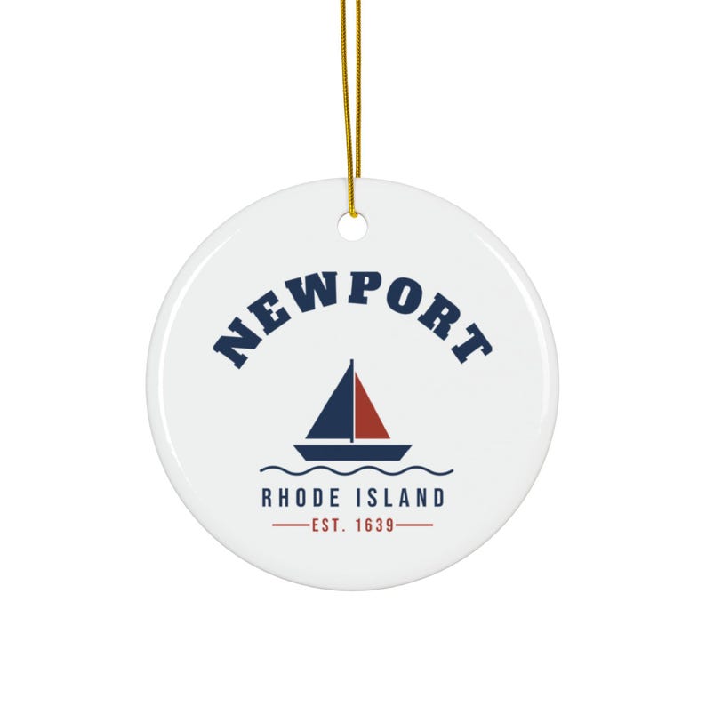 Newport Rhode Island Christmas Ornament, RI Christmas Tree Ornament, Est. 1639 Sailboat, Nautical Ceramic Ornament, Newport Souvenir image 1
