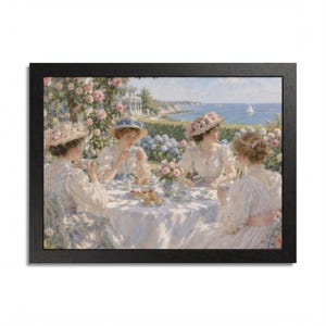 Framed Newport RI Wall Art, Seaside Garden Tea Party Painting, Framed Impressionist Art Print, Rhode Island Art, Ready to Hang image 1