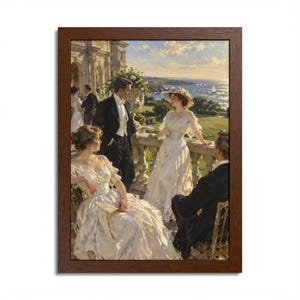 Framed Newport RI Wall Art, Gilded Age Mansion Terrace Painting, Framed Ocean View Art Print, Rhode Island Art, Ready to Hang image 1