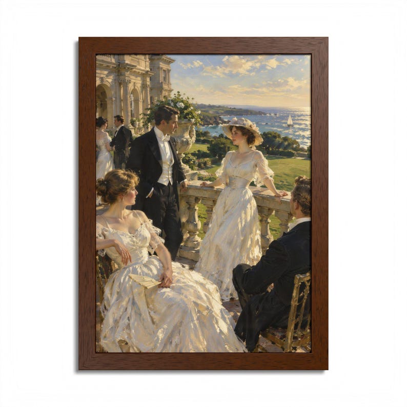 Framed Newport RI Wall Art, Gilded Age Mansion Terrace Painting, Framed Ocean View Art Print, Rhode Island Art, Ready to Hang image 1