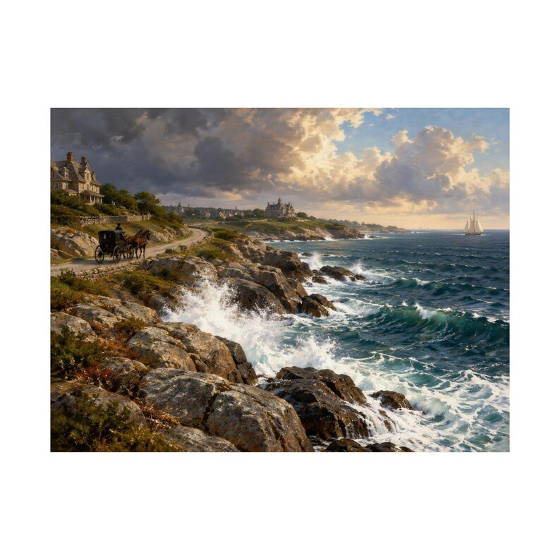Newport RI Wall Art, Ocean Drive Coastal Painting Print, Horse Carriage Seascape Poster, Rhode Island Art Print, New England Gift image 2