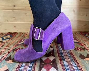 1960s Italian Enricos Made in Florence Italy Purple Suede Mod Shoes Heels Size 7.5-8