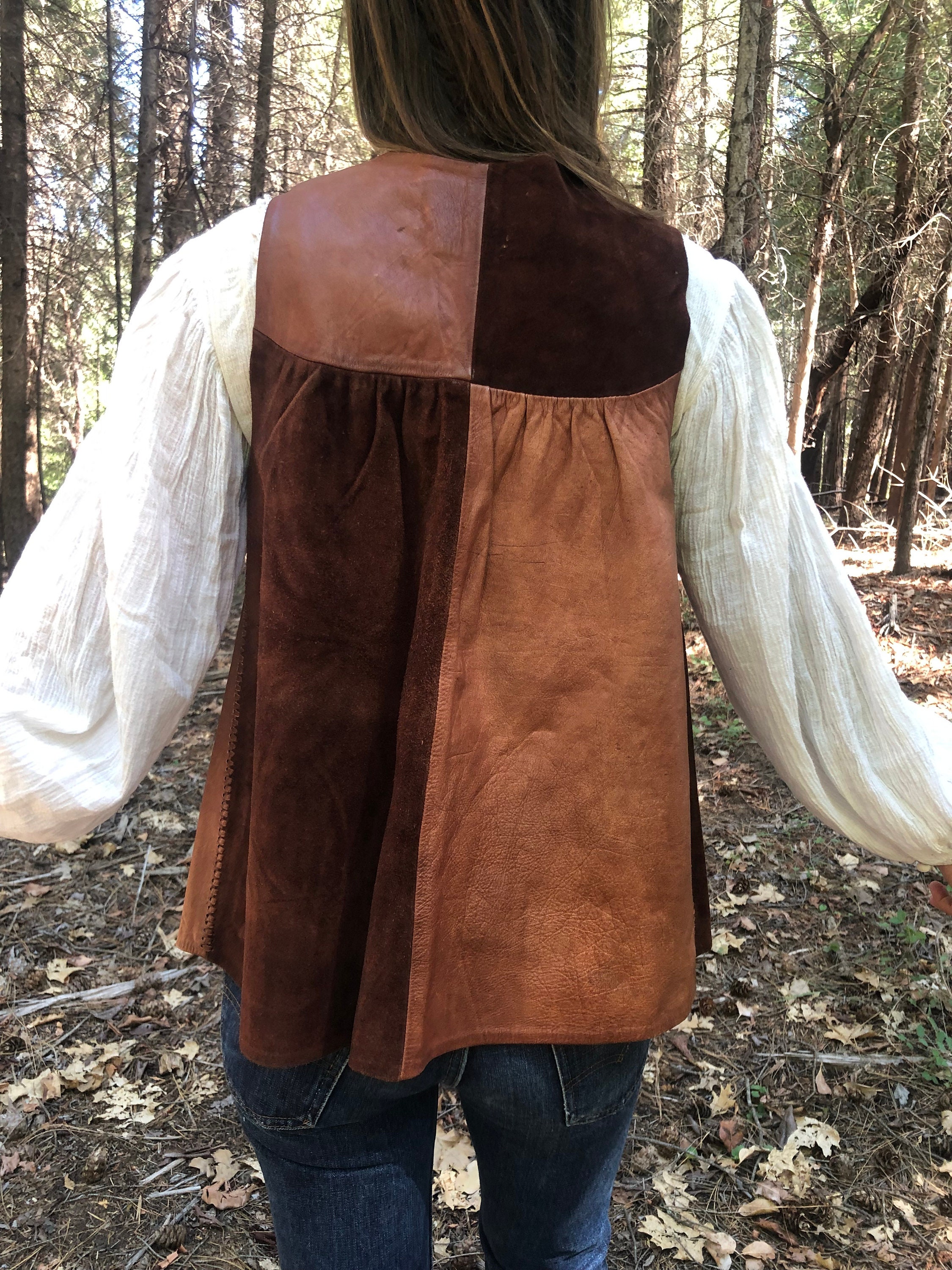 Vintage 70s Char Leather Top Vest Handpainted Women's Floral