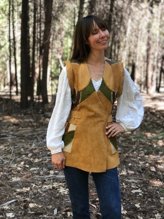 Vintage 70s Char Leather Top Vest Handpainted Wome