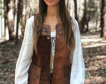 Vintage 70s Char Leather Top Vest Handpainted Women's Floral