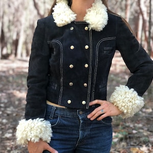 60s Navy Blue Suede Coat Leather Jacket With White Sherling Trim Double Button Chest Penny Lane Jacket Coat