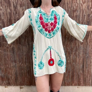Rare 60s 70s Vintage Embroidered Ethnic Folk Art Traditional Kaftan Bell Sleeve Angel Sleeves Boho Tunic Dress