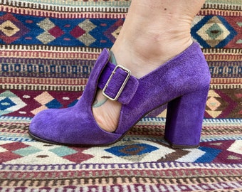 1960s Italian Enricos Made in Florence Italy Purple Suede Mod Shoes Heels Size 7.5-8