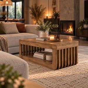 May include: A rectangular wooden coffee table featuring a slatted base design with vertical slats and an open lower shelf. The table is finished in a warm brown tone and holds a white vase with greenery, books, and a candle on a tray.