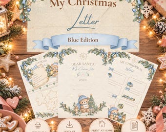 May include: A set of printable Christmas letter templates featuring a teddy bear in a blue hat, pine branches, and blue ribbons. The pages include text such as My Christmas Letter, Blue Edition, Dear Santa, and My Christmas Wishlist.
