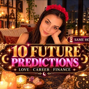 May include: A digital graphic featuring the text 10 FUTURE PREDICTIONS LOVE CAREER FINANCE and SAME HOUR. The design includes gold lettering with a pink gradient, crescent moon icons, and starburst accents on a dark, ornate, rectangular frame.