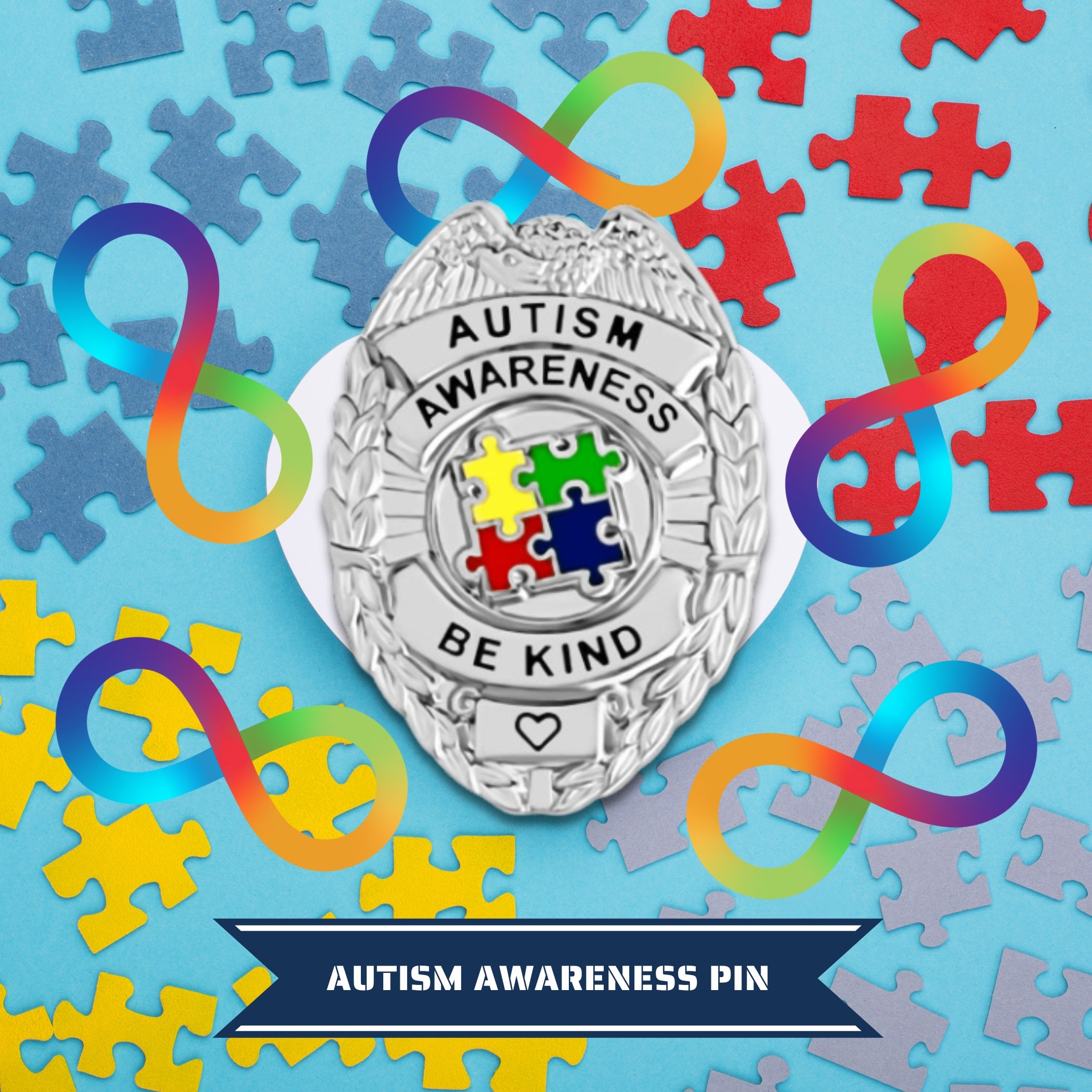 Autism Pin - Mini Police Badge Style Autism Awareness - Silver Tone ...
