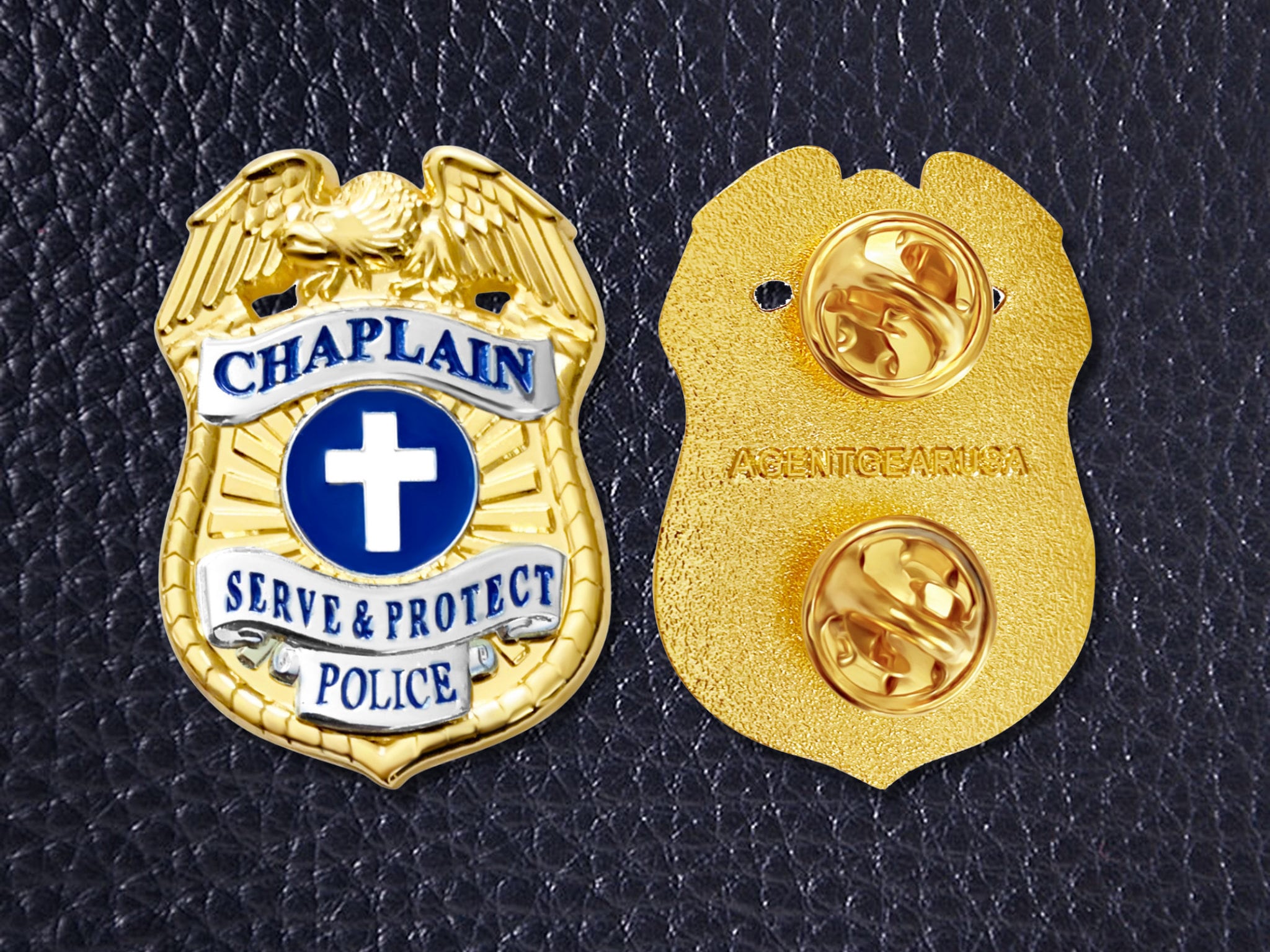 Chaplain Police Badge with (Black or Brown) leather belt clip holder