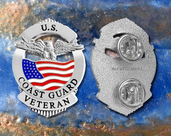 USCG Veteran Coast Guard Lapel Pin - United States Military Vet - Silver Tone Enamel Pin