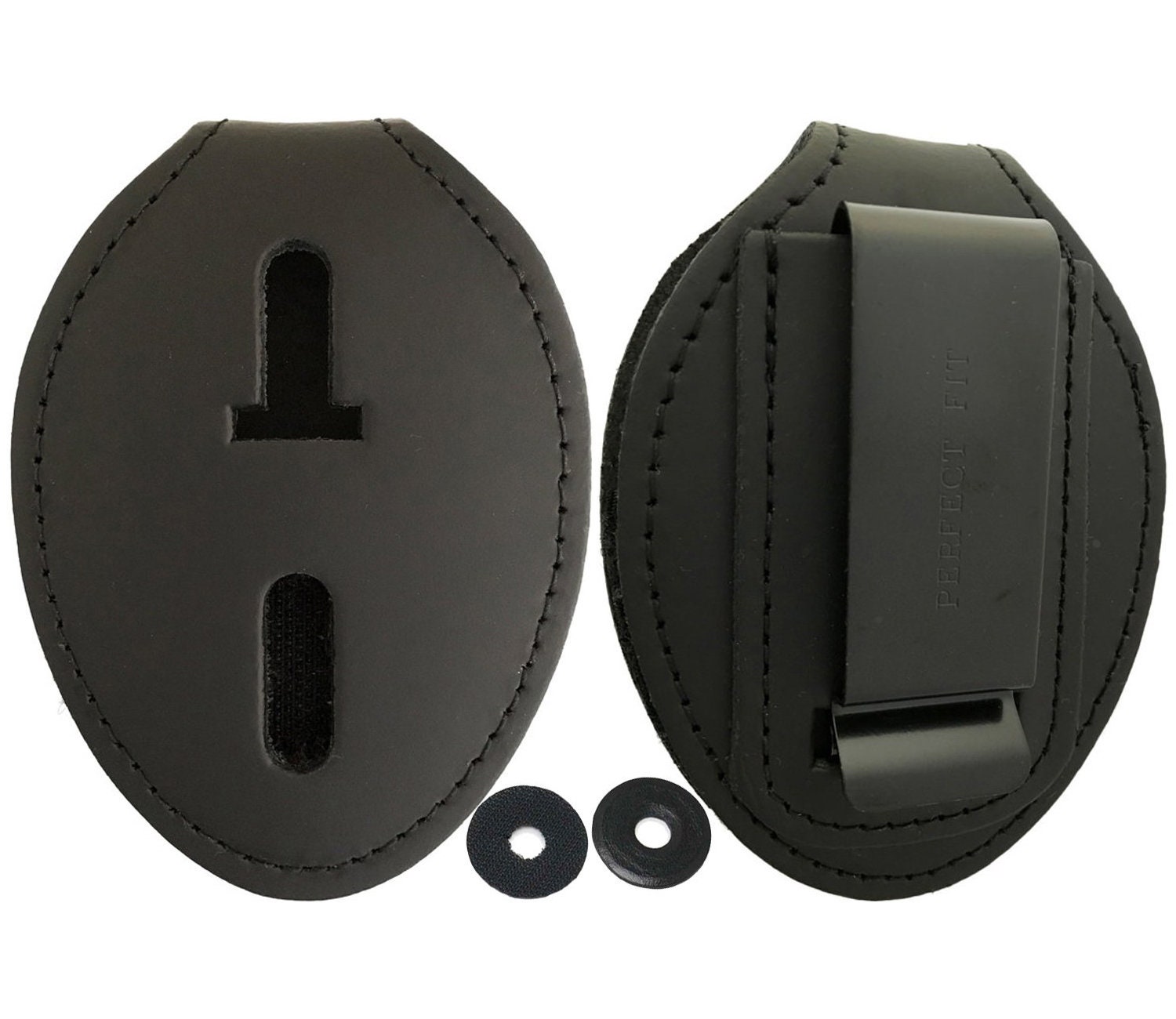 Handmade Black Leather Badge Holder – Clip-On Shield Belt Clip For Police, Sheriff, Security (US Seller)