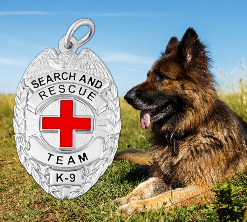 Op de afbeelding: Zilveren zoek- en reddingsbadge met een rood kruis, de woorden "Search and Rescue" en "Team K-9" en een laurierkransontwerp. Een Duitse herder zit in het gras.