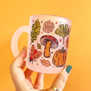 Frosted Glass Autumn Mug. Mushroom Mug. Pumpkin Mug. Toadstool Mug. Halloween Mug. Forager Gifts. Mushroom Gifts. Autumnal Mug. Halloween