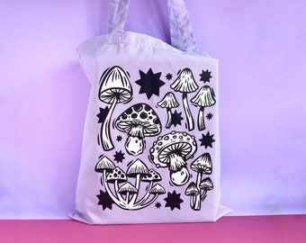 Lilac Mushroom Tote Bag. Fungi Tote Bag. Mushroom Bag. Screen Printed Tote Bag. Mushroom Gifts. Toadstool. Autumn Tote Bag. Mushroom Art Bag