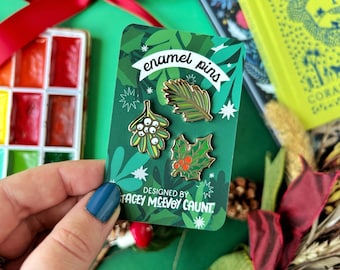 Winter Foliage Enamel Pin Set: Christmas Pins and Jewellery.