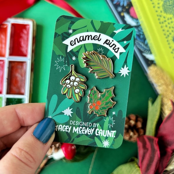 Winter Enamel Pin Set. Christmas Enamel Pin Set. Festive Pins. Holly Pin. Mistletoe Pin. Fir Tree Enamel Pin. Nature Enamel Pin. Plant Pins