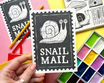 Snail Mail Postcard. Snail Postcard. Snail Print. Snail Illustration. Stamp Postcard. Stamp Illustration. Snail Illustration. Snail Gifts.