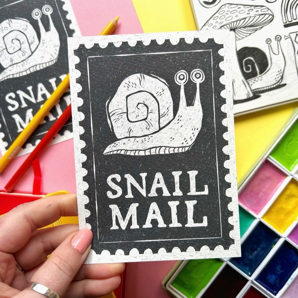 Snail Mail Postcard. Snail Postcard. Snail Print. Snail Illustration. Stamp Postcard. Stamp Illustration. Snail Illustration. Snail Gifts.