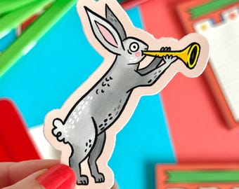 Medieval Bunny with a Tiny Trumpet Vinyl Sticker. Duelling Rabbits Marginalia.